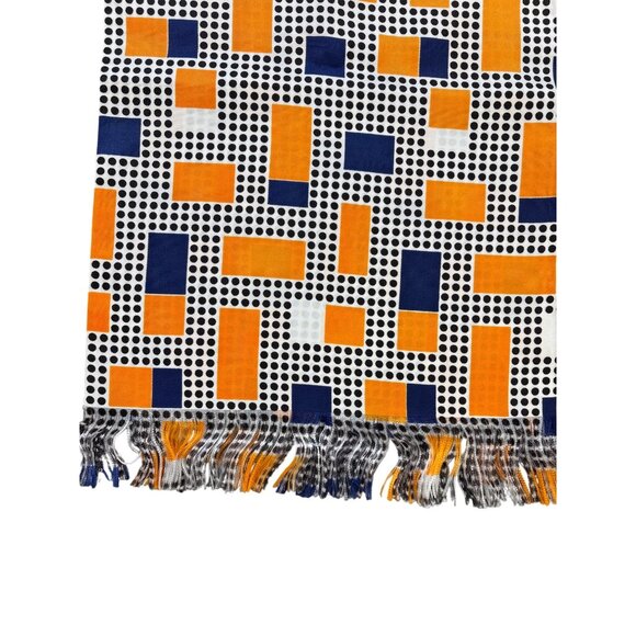 Vintage Shipn Shore Fringed Scarf With Retro Geometric Print Orange & Navy Recta